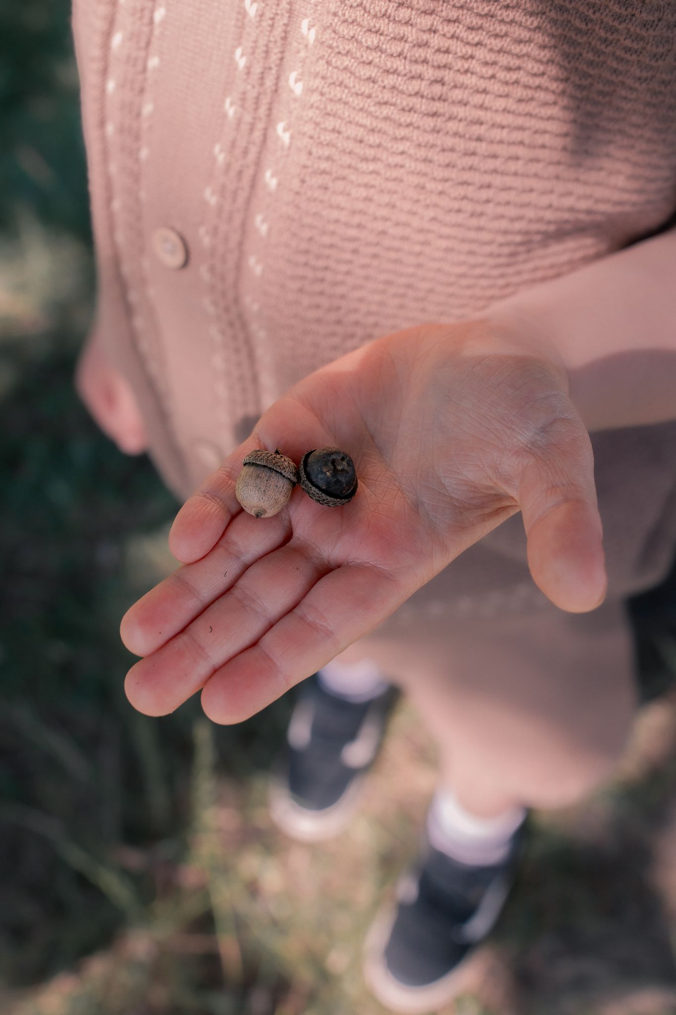 Child holding two small snails in open palm outdoors, wearing pink cardigan and sneakers.