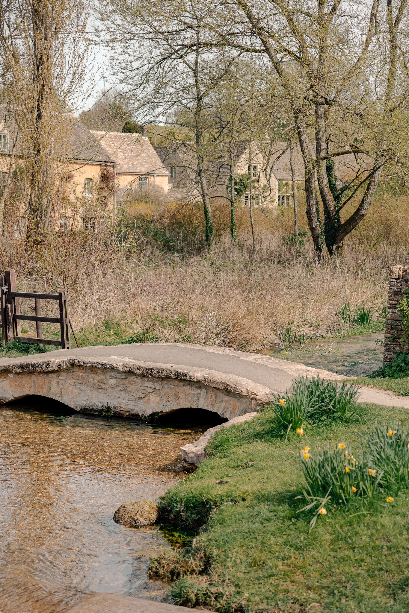 Stone footbridge over a gentle stream in a Cotswolds village, with daffodils and a honey-colored stone in Upper Slaughter, Cotswolds.