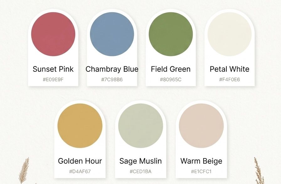 Seven paint color swatches featuring Sunset Pink, Chambray Blue, Field Green, Petal White, Golden Hour, Sage Muslin, and Warm Beige.