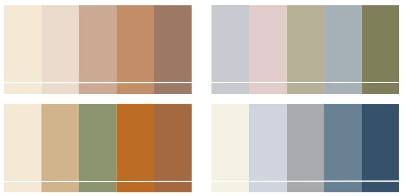 A collection of muted color palettes featuring earthy browns, sage greens, and soft blues arranged in horizontal stripes, style guide.