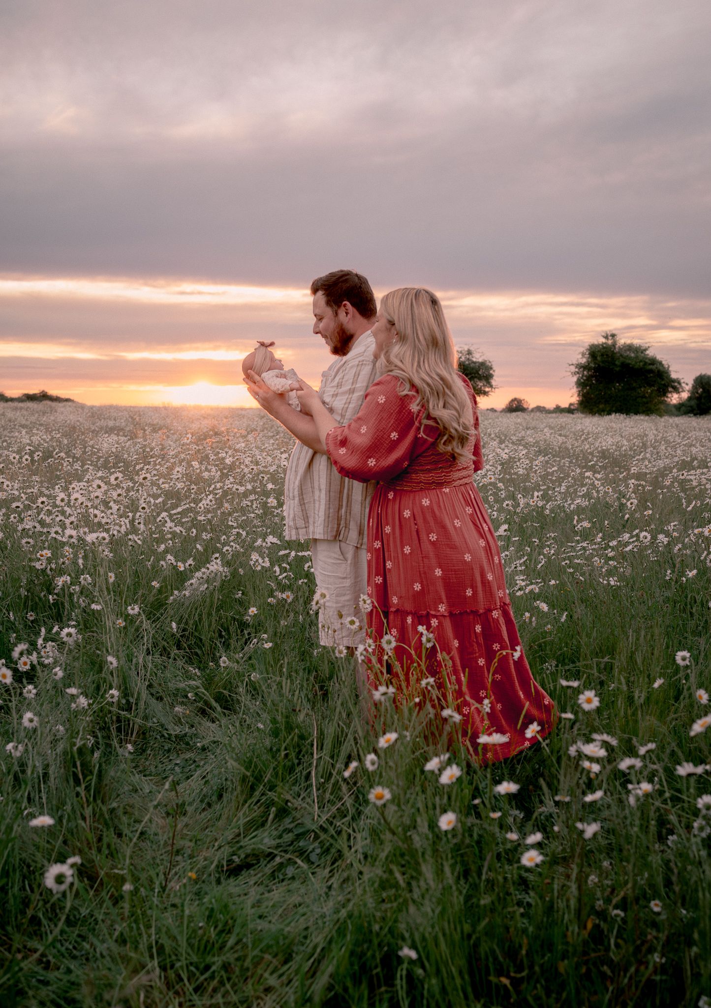A couple stands together in a vast daisy field at sunset, lovingly holding their newborn baby.