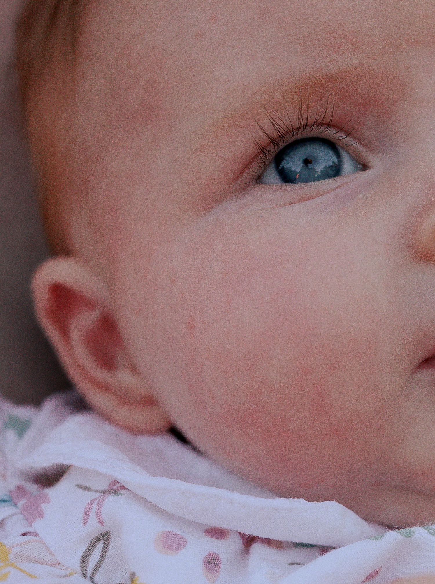 Close-up portrait of a baby with blue eyes and rosy cheeks wearing a floral outfit in Lakes By Yoo.