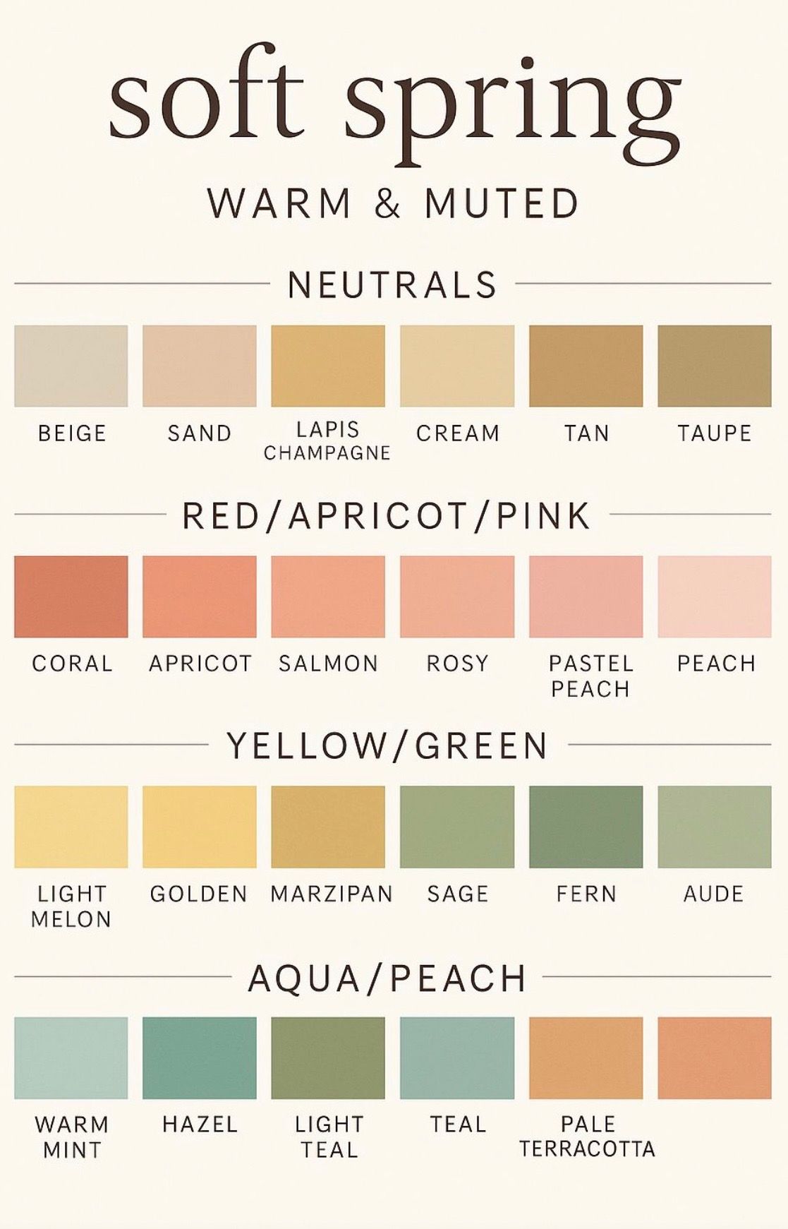 Soft spring warm and muted color palette chart featuring neutrals, red/apricot/pink, yellow/green, and aqua/peach swatches.