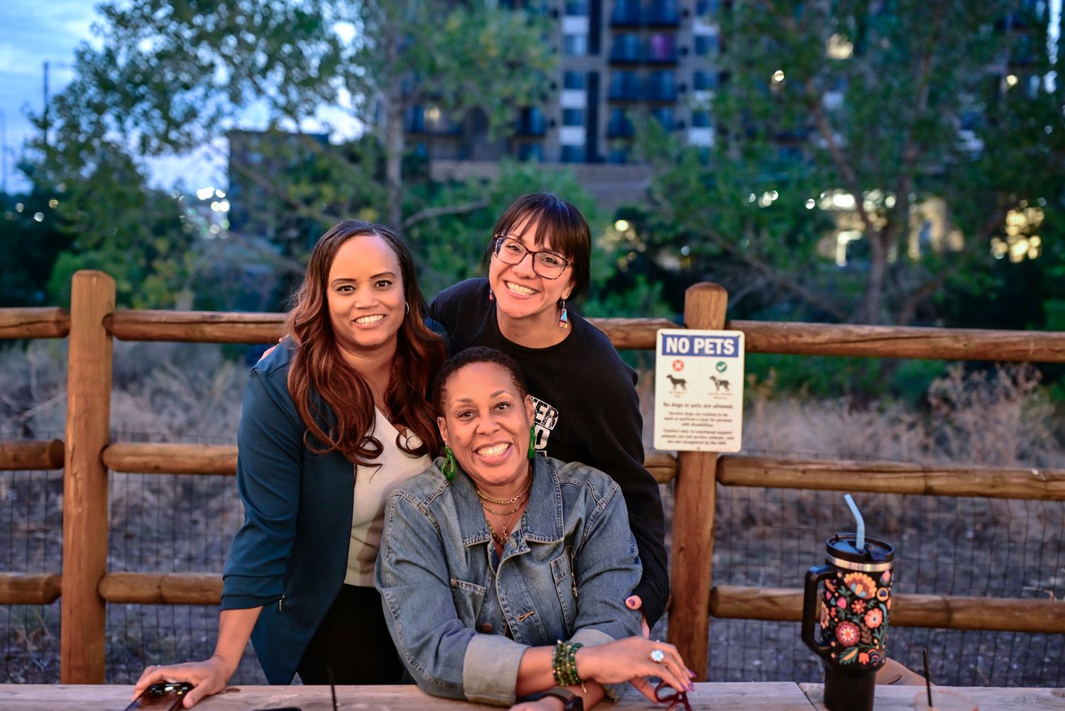 Three women smiling together at an outdoor park area with wooden fence at dusk.