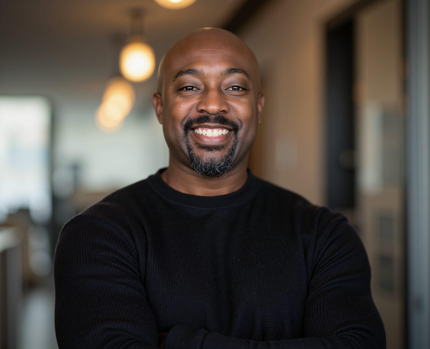 A cheerful bald Black man in a black long-sleeve shirt smiles in a modern office.