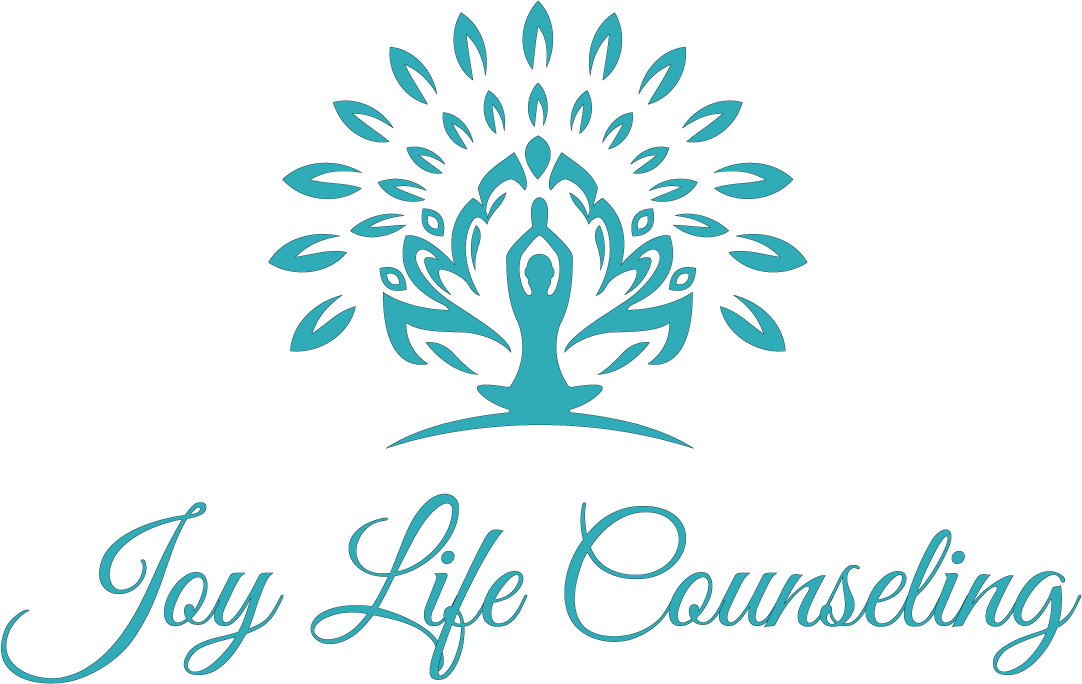 Joy Life Counseling brand logo in teal featuring a serene meditating figure with decorative leaf motif and cursive font.