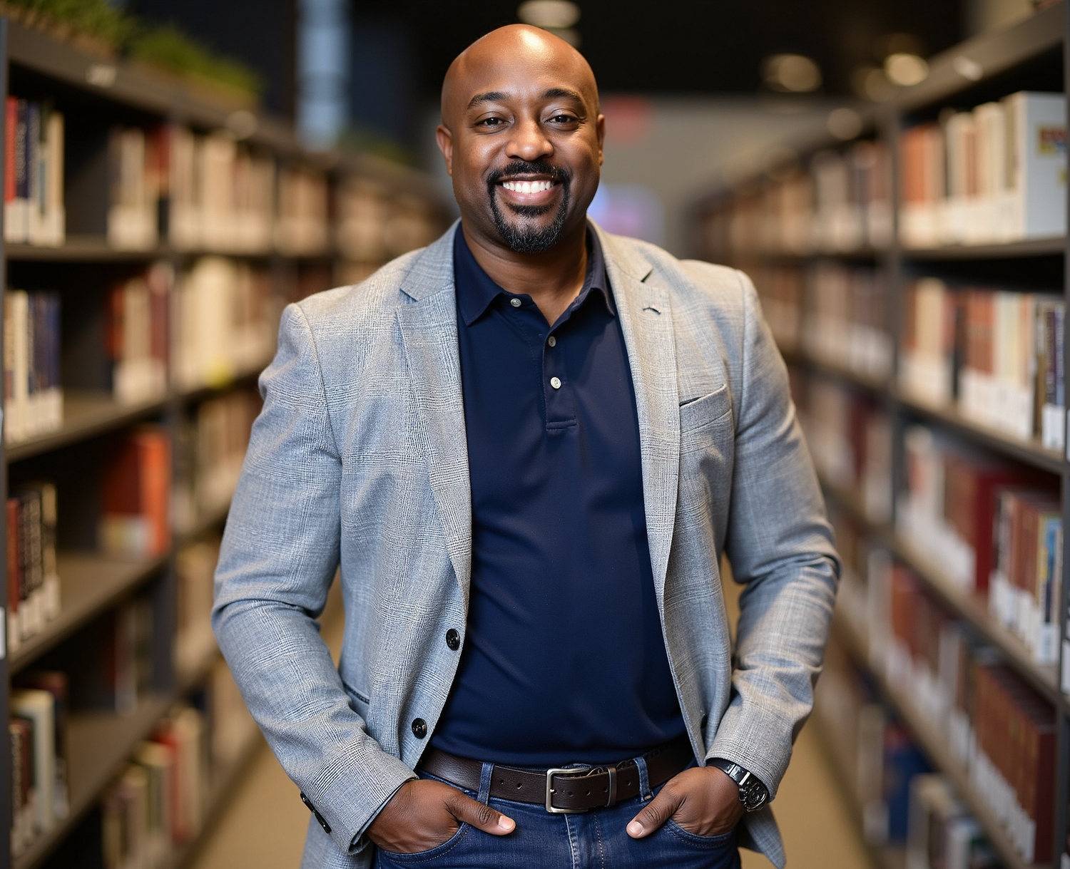 A smiling Black man in a blazer stands in a library aisle with hands in pockets.