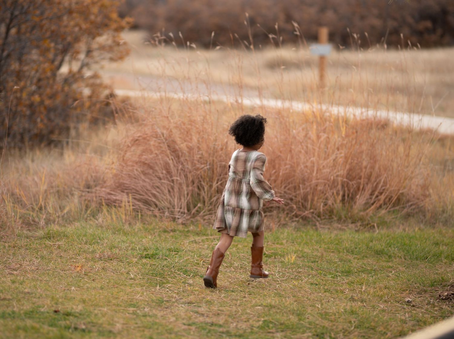 A young girl in a plaid dress and boots walks through an autumn meadow.