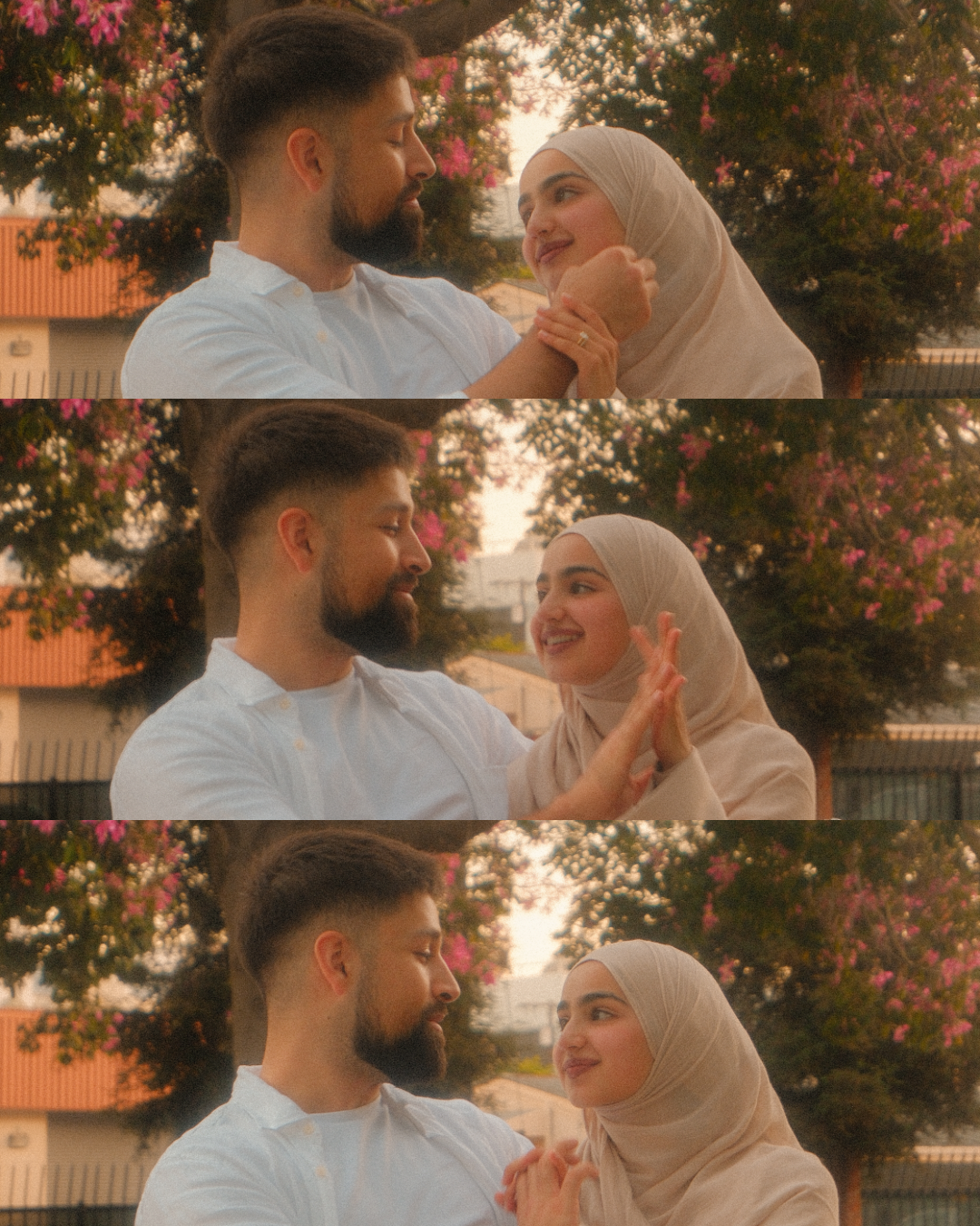 Collage of three photos showing a couple in golden hour light, woman in beige hijab smiling at bearded man.
