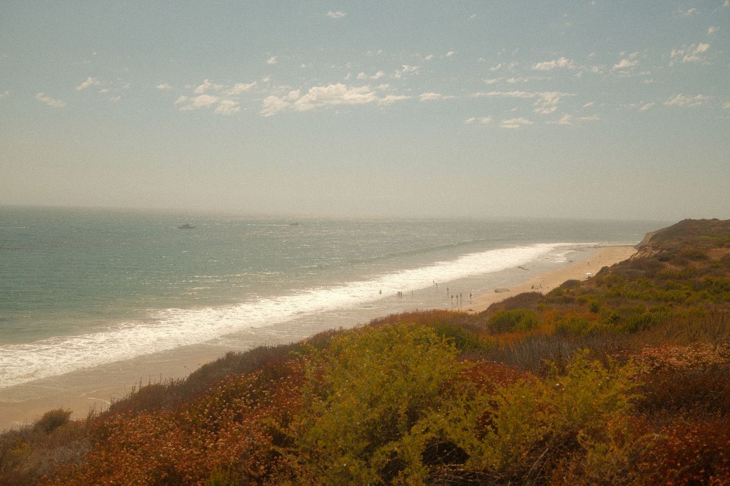 Aerial view of a scenic coastal beach with rolling waves, sandy shores, and lush green and autumn-colored shrubs under a blue sky.