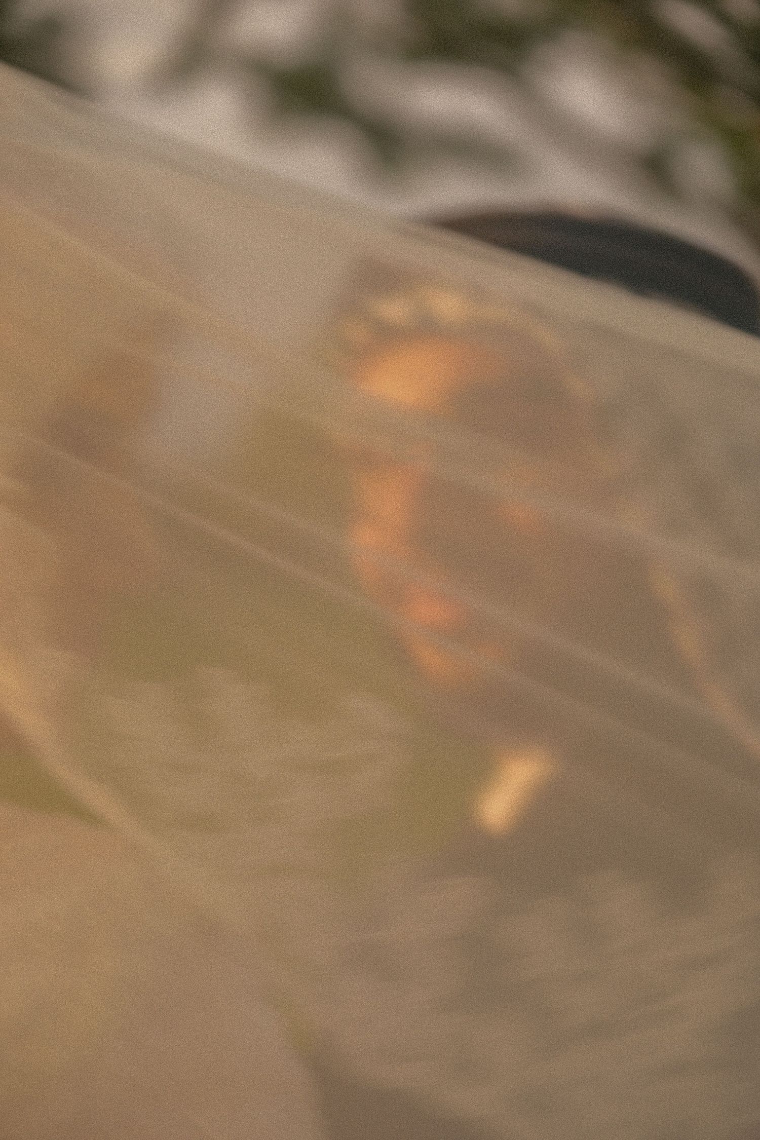 Dreamy blurred close-up of a bride's face partially obscured by a sheer wedding veil outdoors.