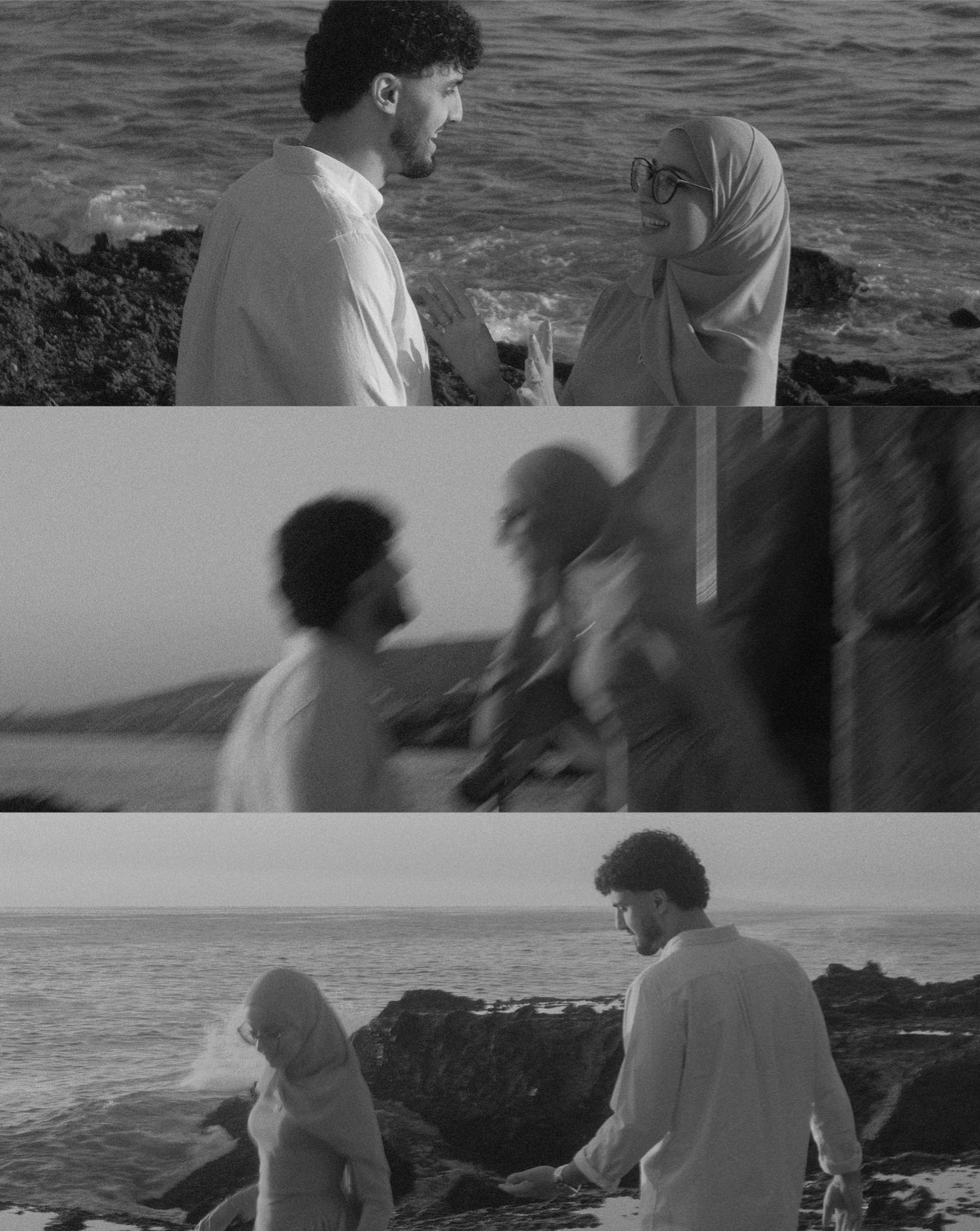 Black and white triptych of a couple in white attire walking and holding hands near rocky ocean shore.