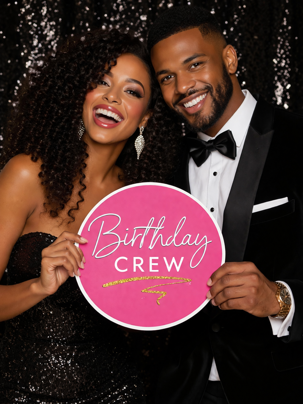 Couple in formal attire smiling and holding a pink Birthday Crew sign at a glamorous event.