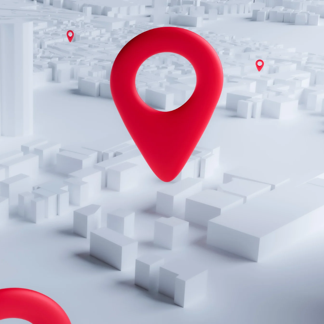 3D rendered red map location pin markers on white minimalist city map for navigation concept.