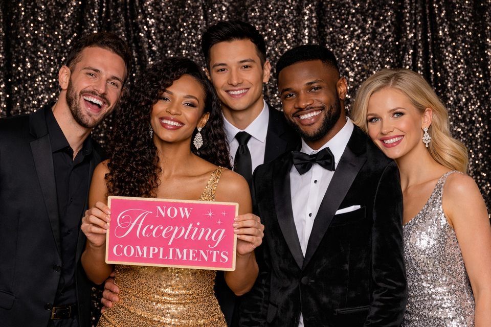 Five formally dressed friends smile together at a party, holding a pink Now Accepting Compliments sign.
