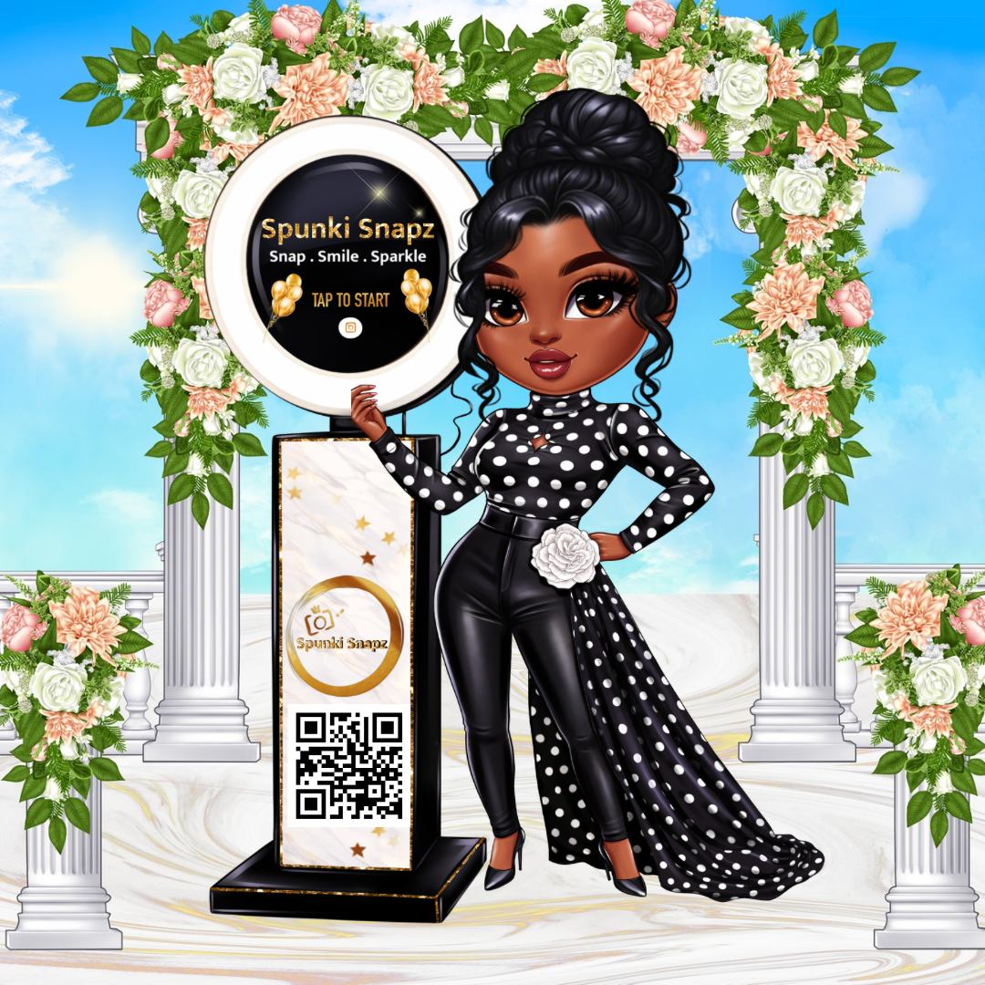 Illustrated cartoon woman in black polka dot outfit posing with Spunki Snapz photo booth under decorative floral arch.