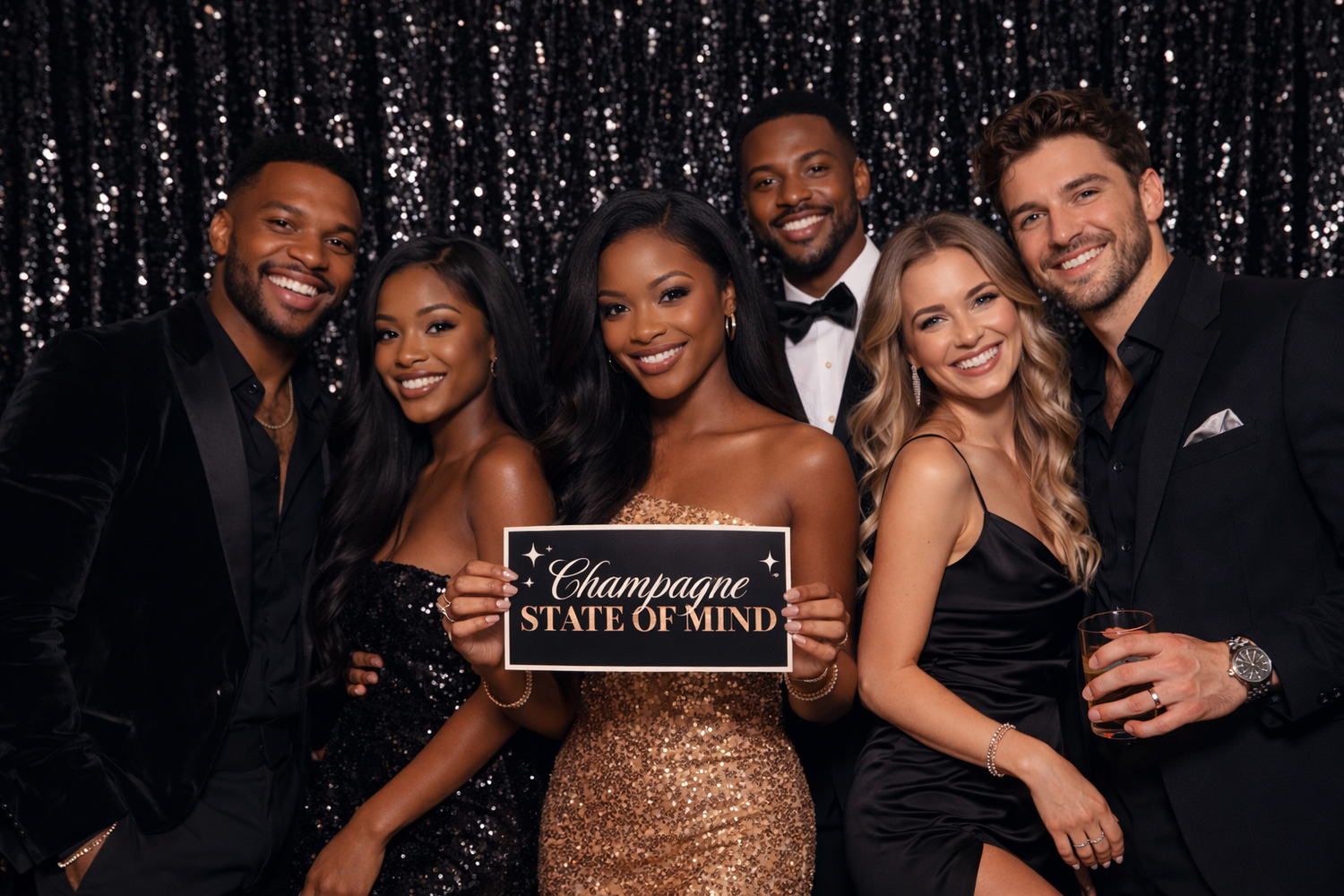 A diverse group of elegantly dressed friends posing with a Champagne State of Mind sign.