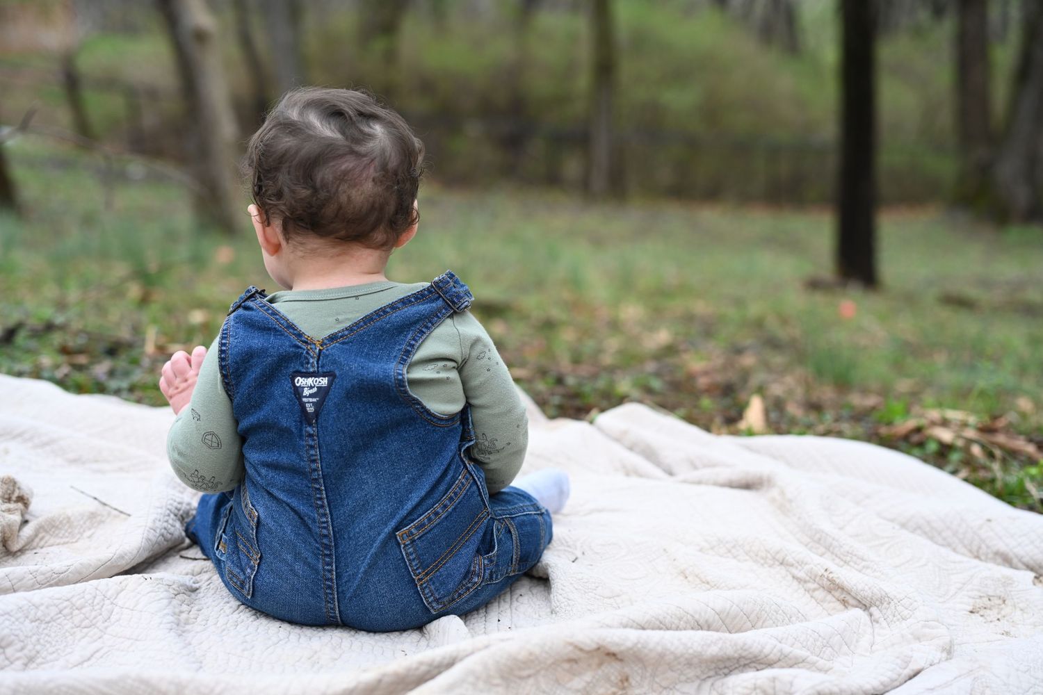 Baby in denim overalls sitting on white blanket in wooded outdoor setting viewed from behind.