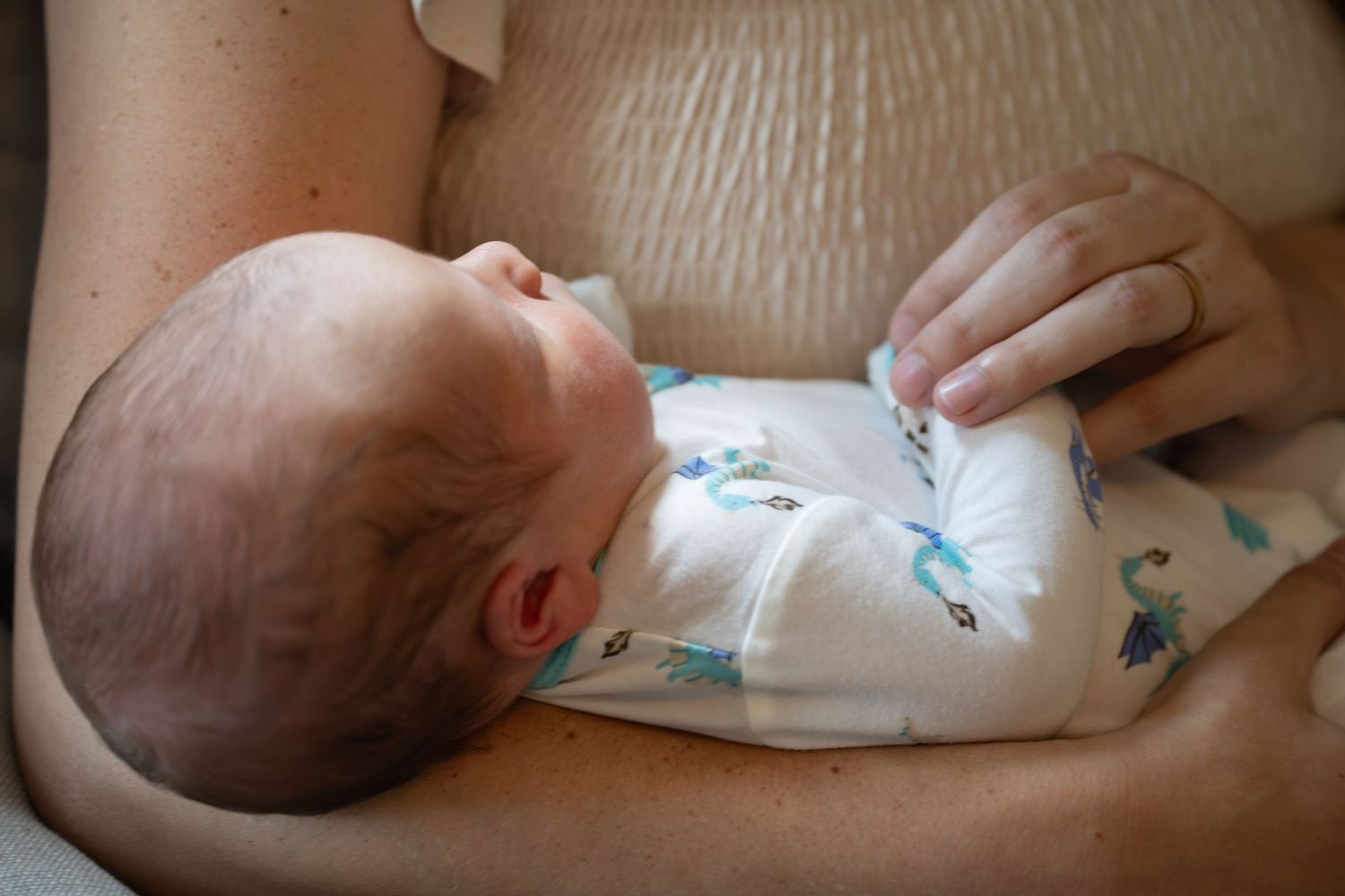 lifestyle portrait of Newborn baby resting peacefully in a parent's arms.