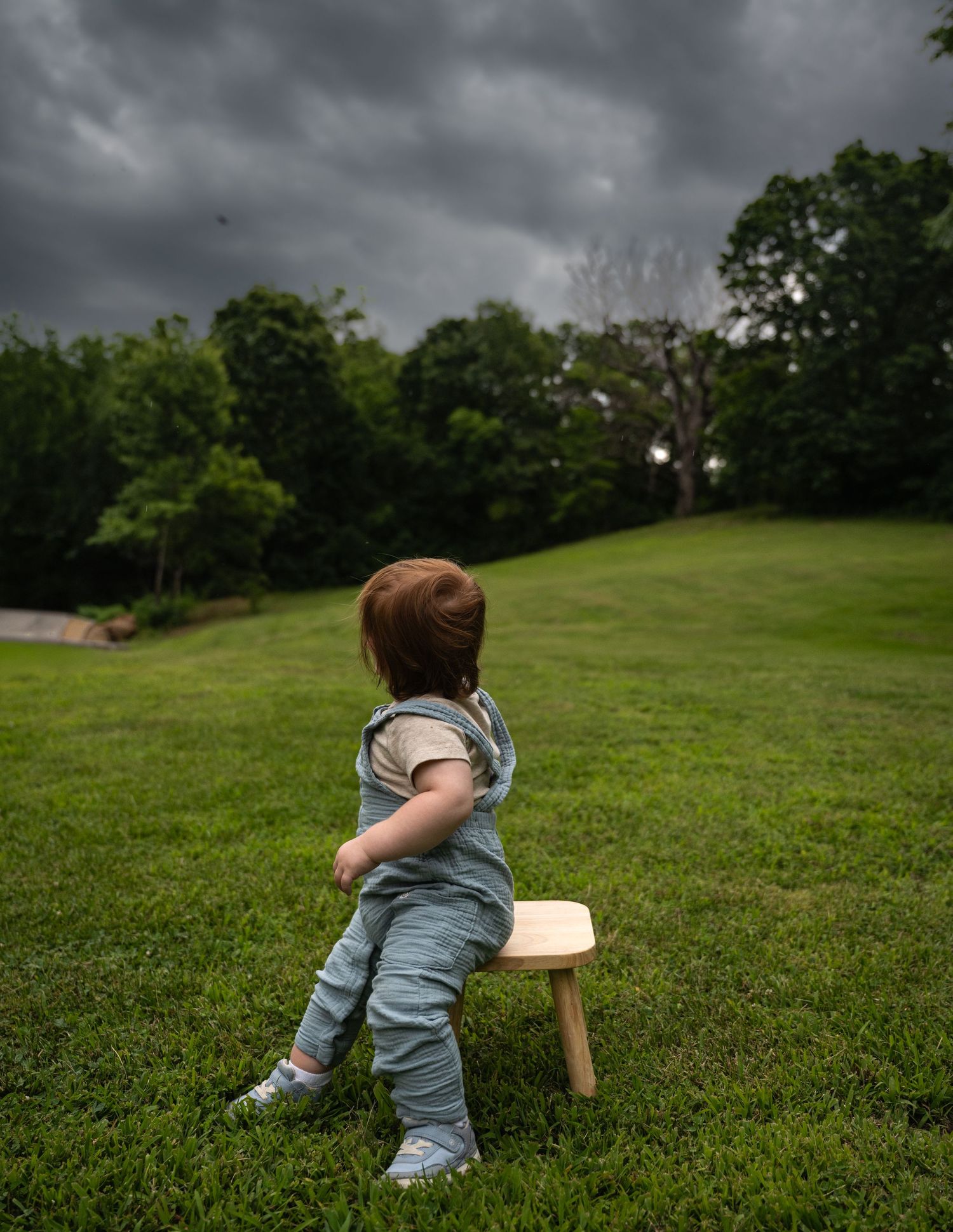 portrait of a Toddler in denim overalls standing by a small wooden stool on a grassy hill under stormy skies.