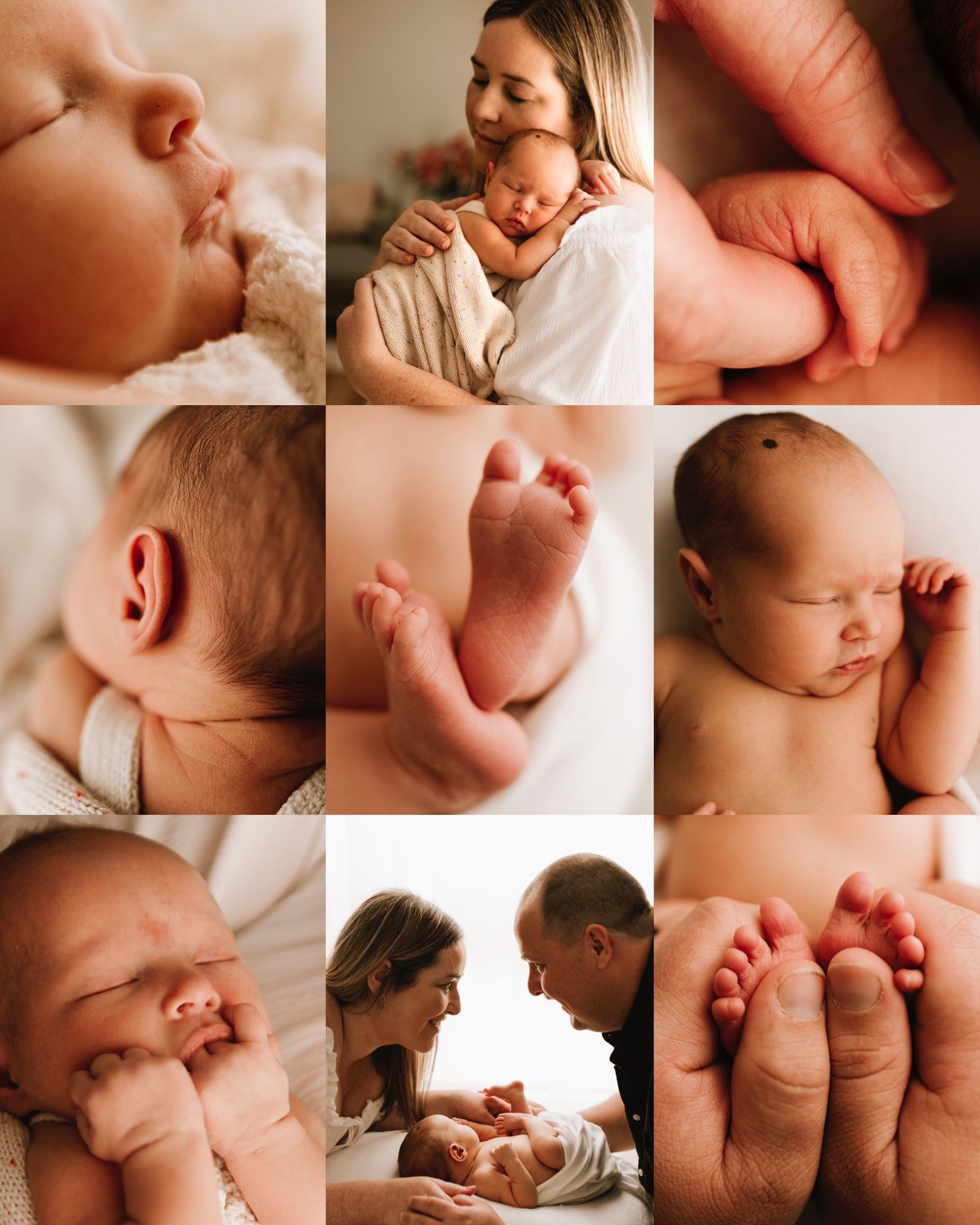 in-home newborn photography Sydney collage of newborn details from a rainbow baby IVF story