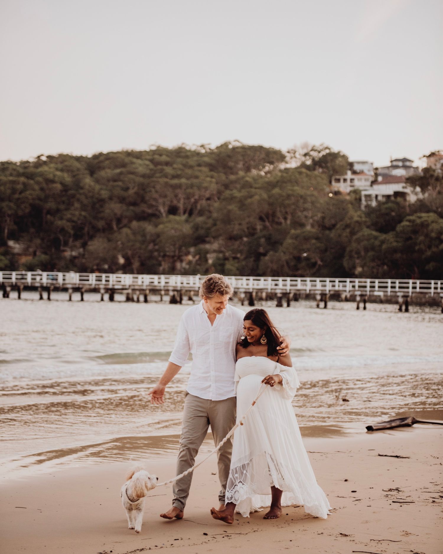 Mosman maternity photography of expectant parents walking along the beach with dog at sunset.  ivf success story Rainbow baby