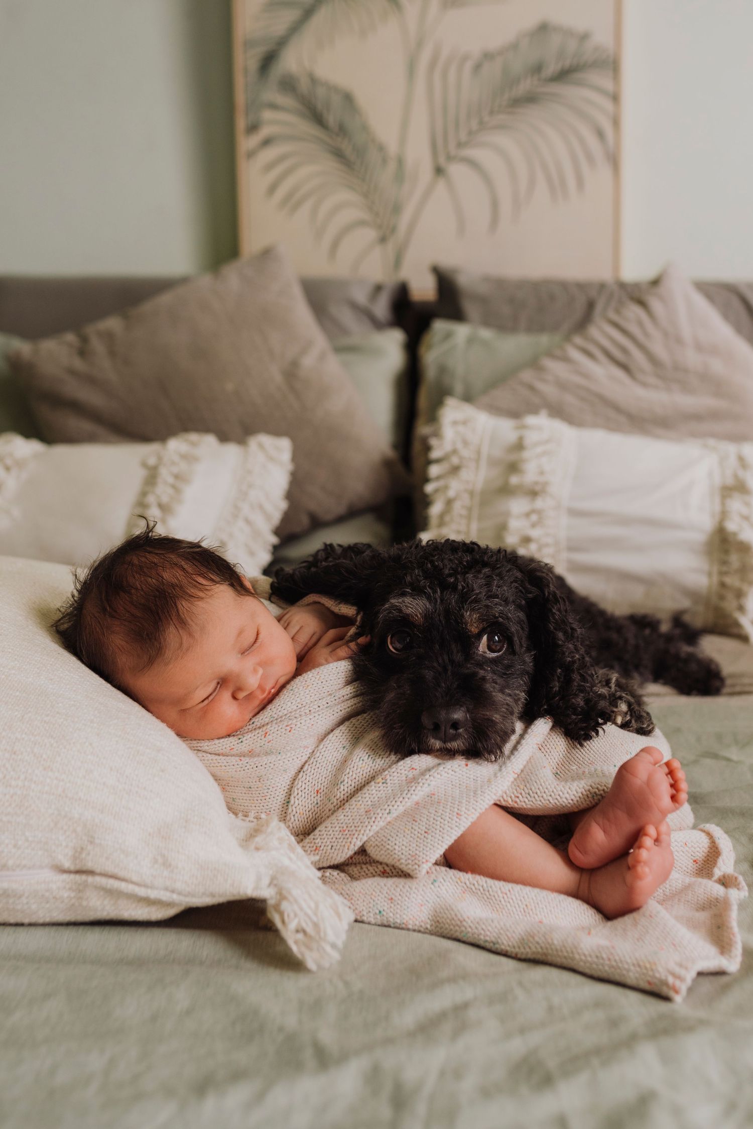in-home newborn photography Sydney of mother holding newborn baby near doorway in soft light