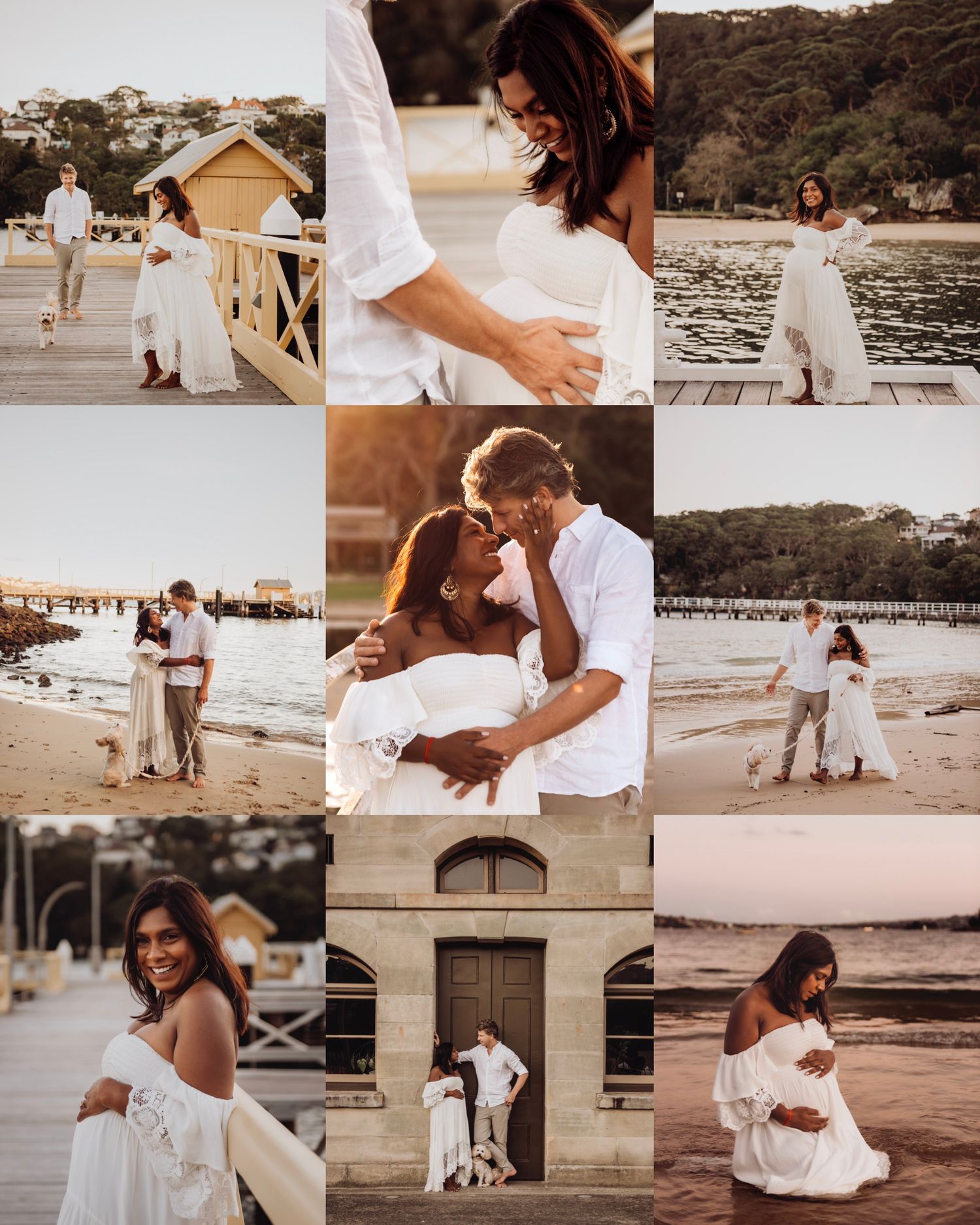 Mosman maternity photography collage of beach photoshoot moments featuring expectant parents.  ivf success story Rainbow baby