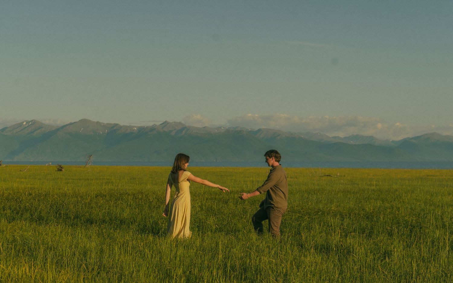 Couple holding hands in a vast green meadow with scenic snow-capped mountains behind them.