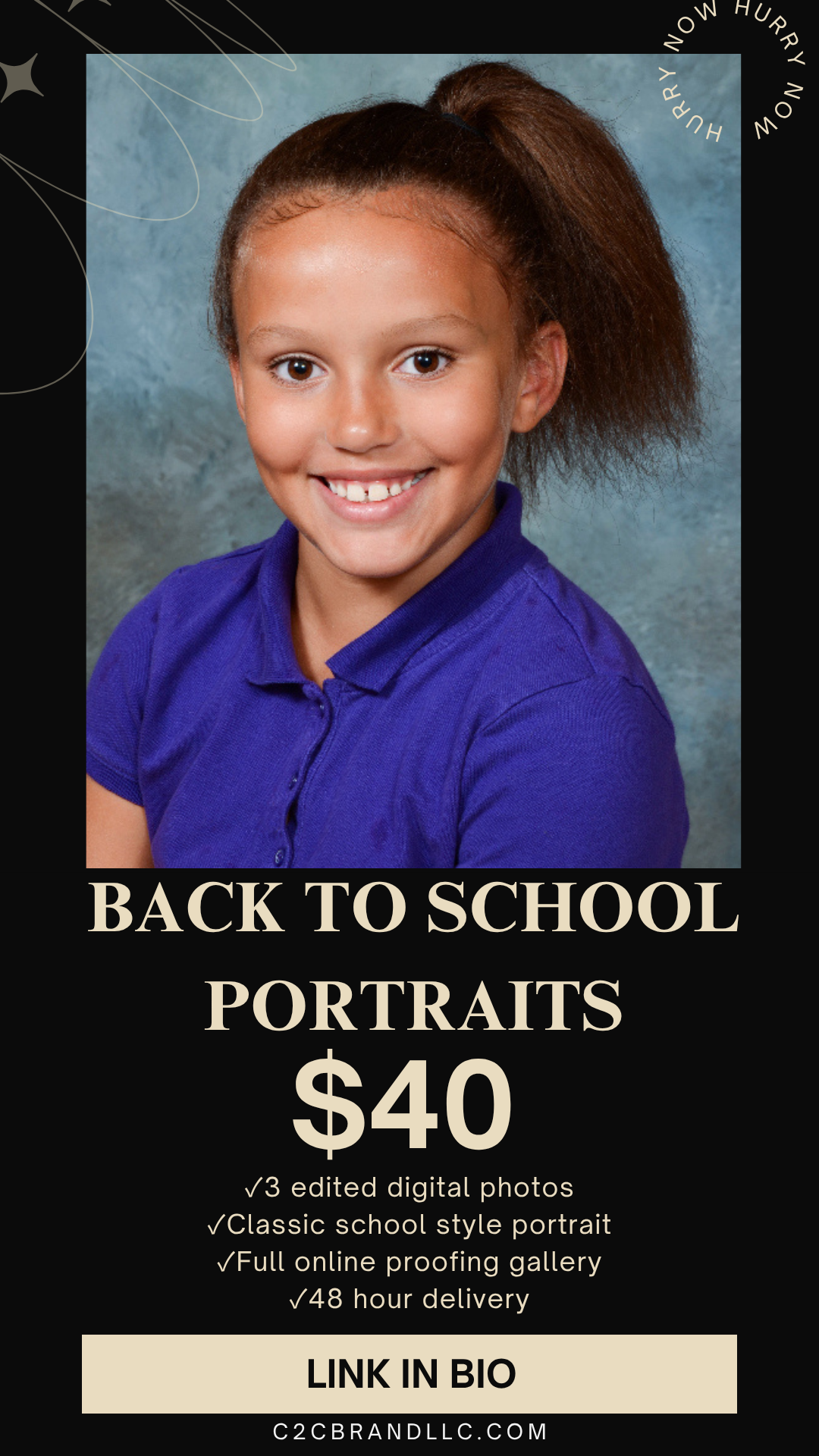 Back to school portrait of a smiling girl in a blue polo shirt, advertising $40 photography package with digital photos.