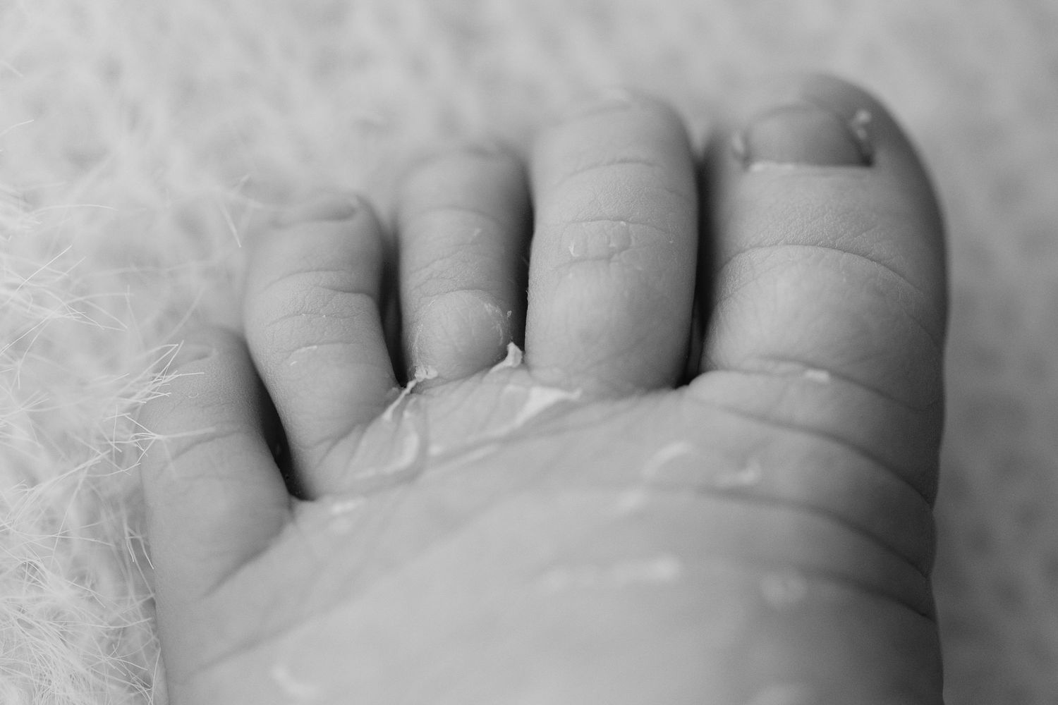 Macro shots of tiny baby toes in black and white.