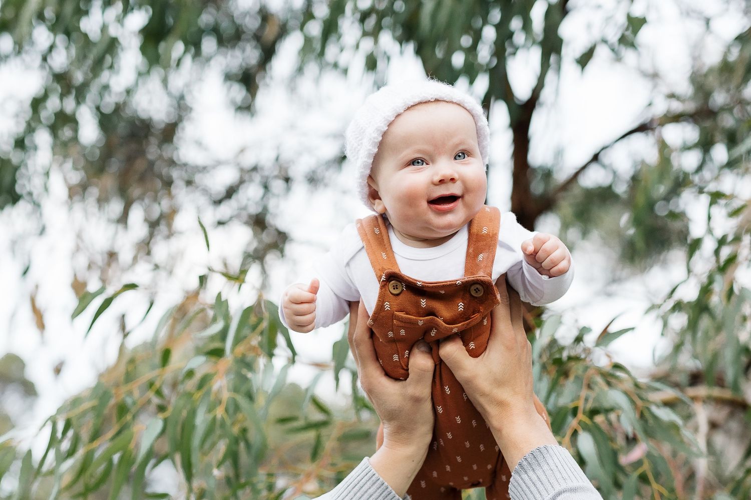 A laughing baby in brown overalls being lifted up against a backdrop of willow trees.