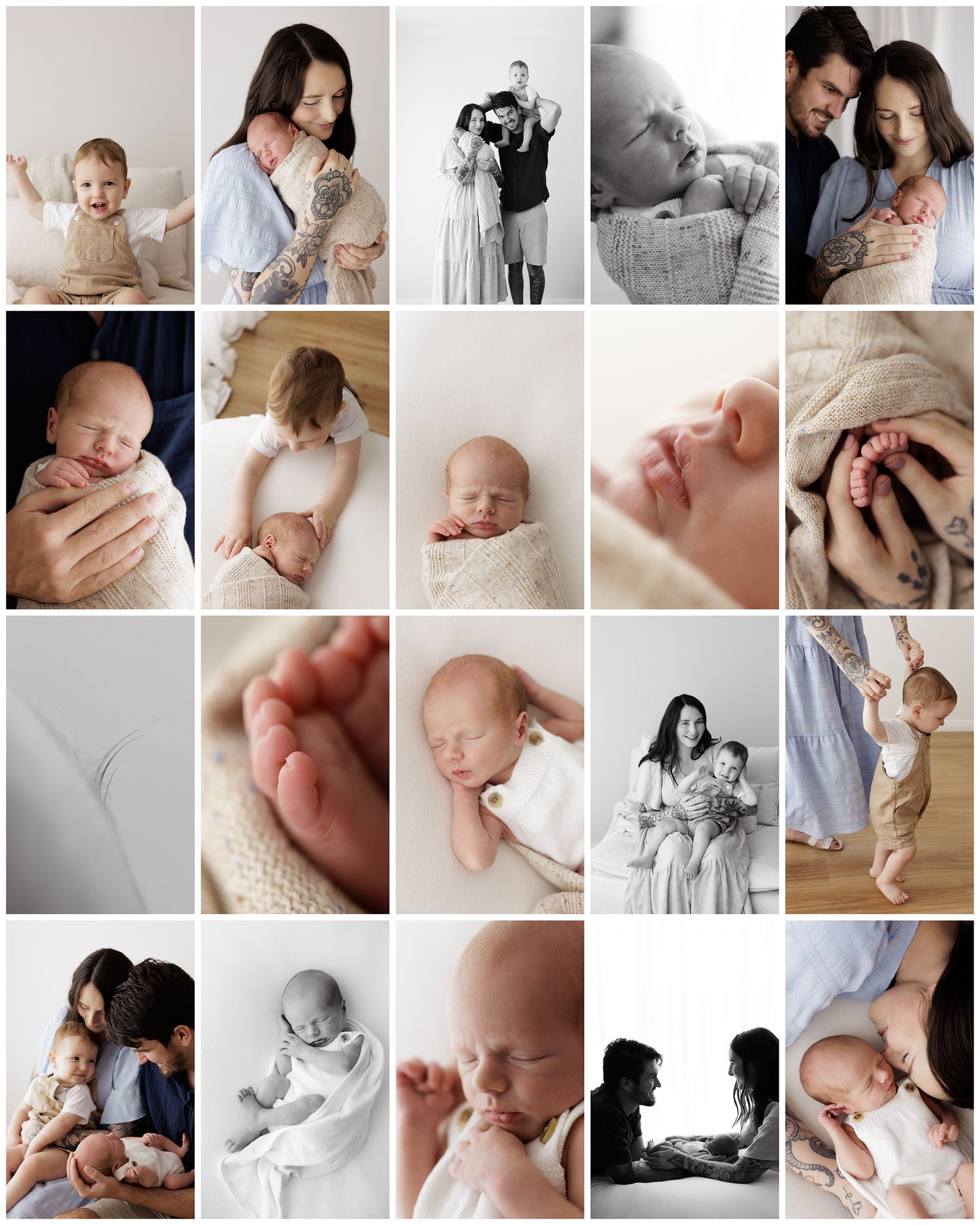 A heartwarming collection of professional black and white and color newborn photography showing tender family moments and baby details.