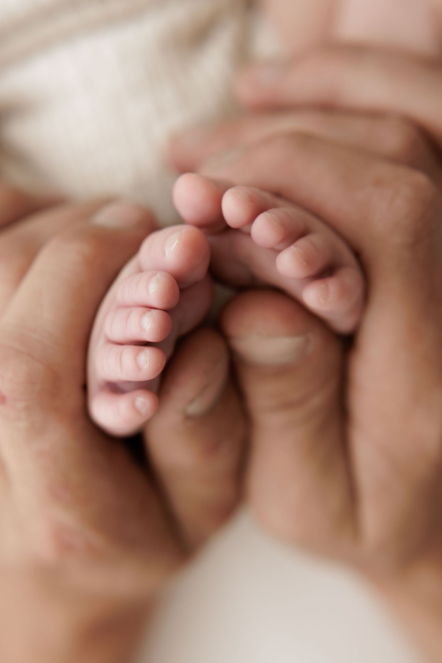 Close-up of delicate baby feet being held by gentle hands.