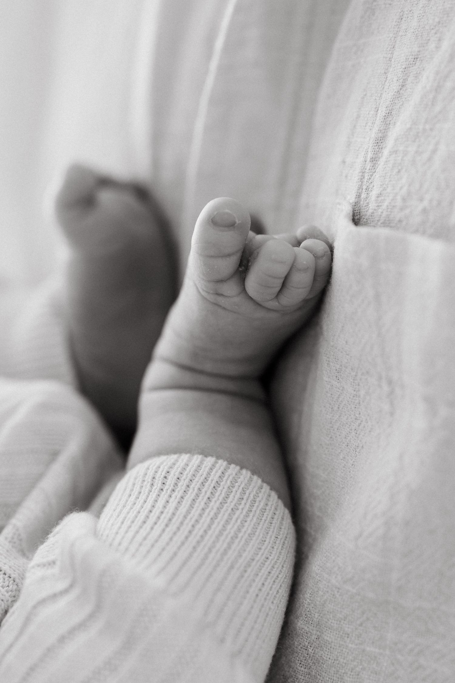 Close-up black and white photo of baby's tiny feet in soft knit socks.