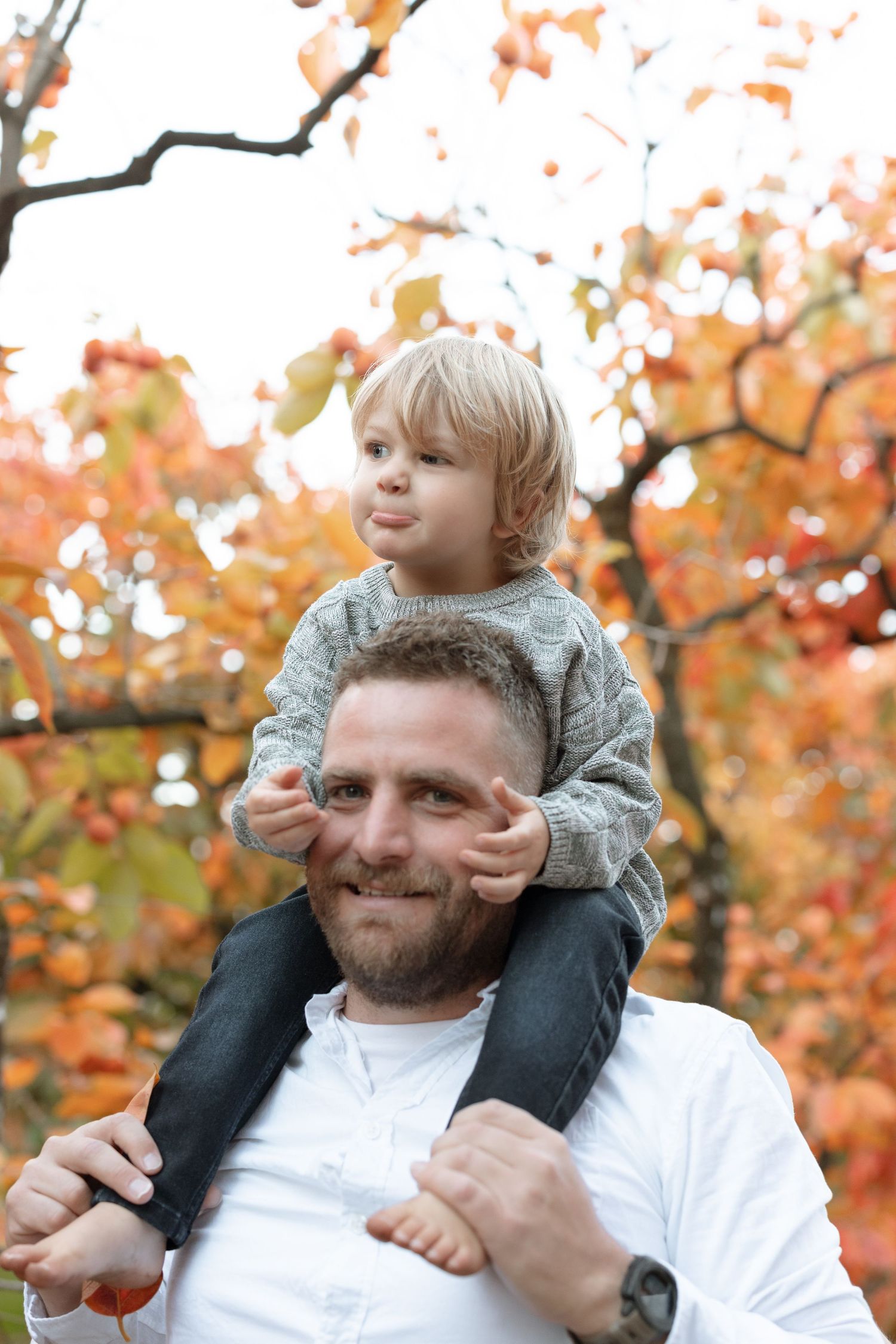 Child riding on shoulders while walking through fall orchard trees.