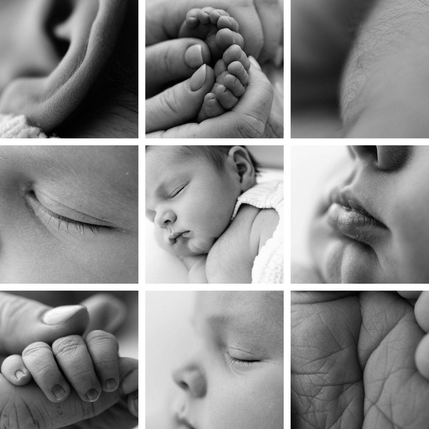 Black and white collage of intimate newborn detail shots showing tiny features.