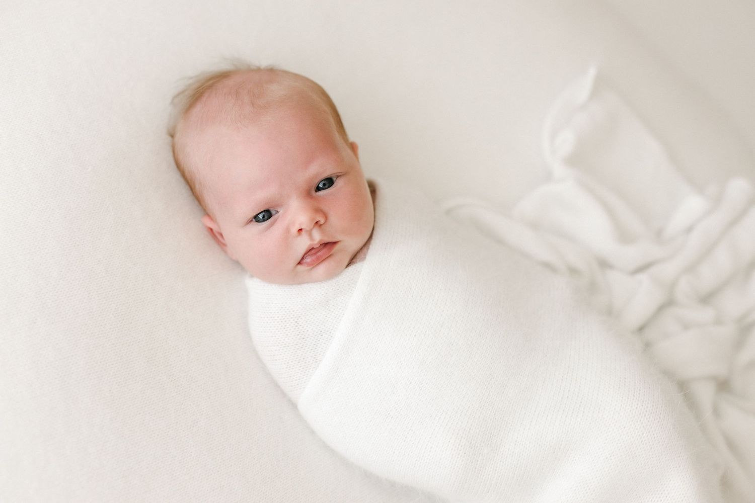 Newborn baby wrapped in white swaddle on light background looking at camera.