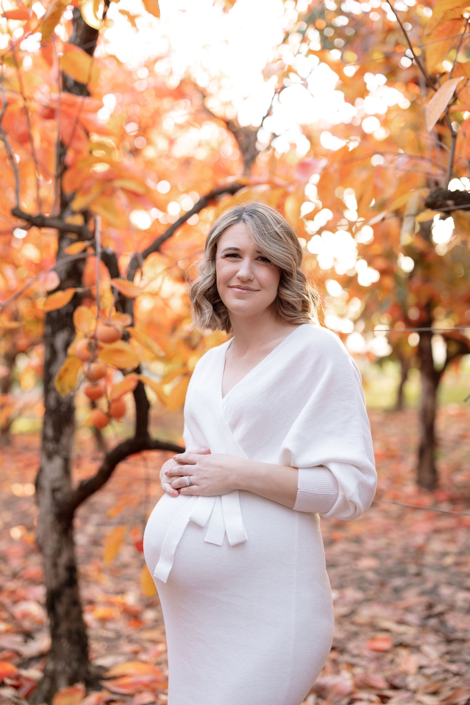 Elegant maternity portrait with glowing autumn colors in background.