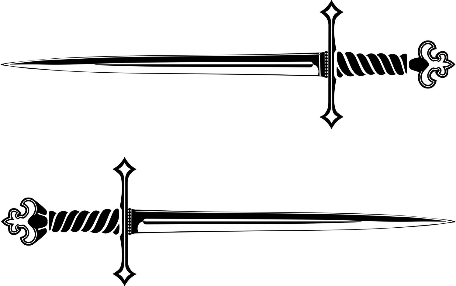Black and white illustration of a decorative medieval sword with ornate details.