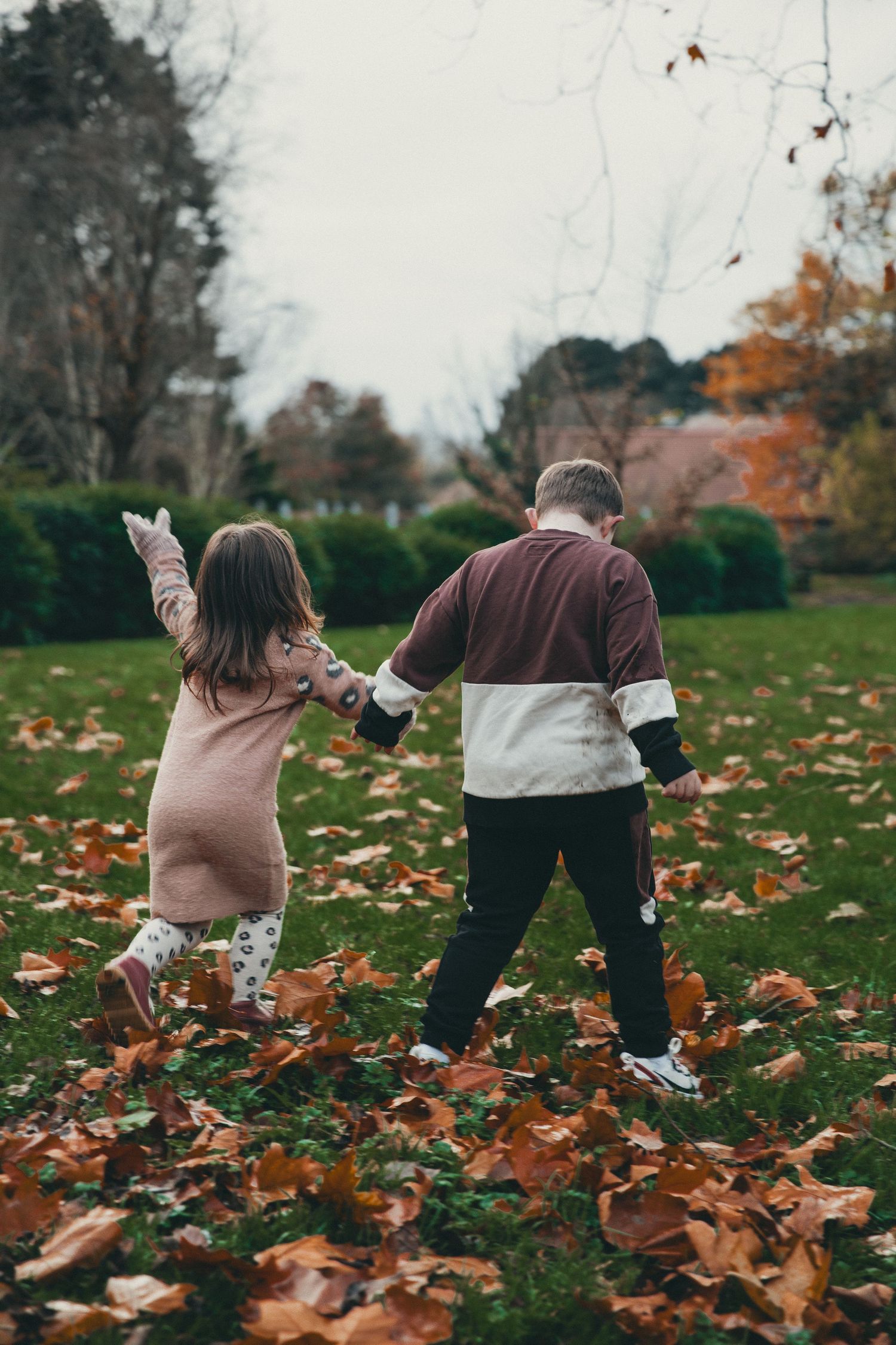 People playing in fallen autumn leaves on a grassy field during fall season.