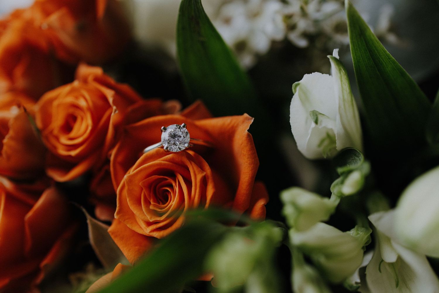 Detailed macro shot of orange roses and white flowers in wedding bouquet.