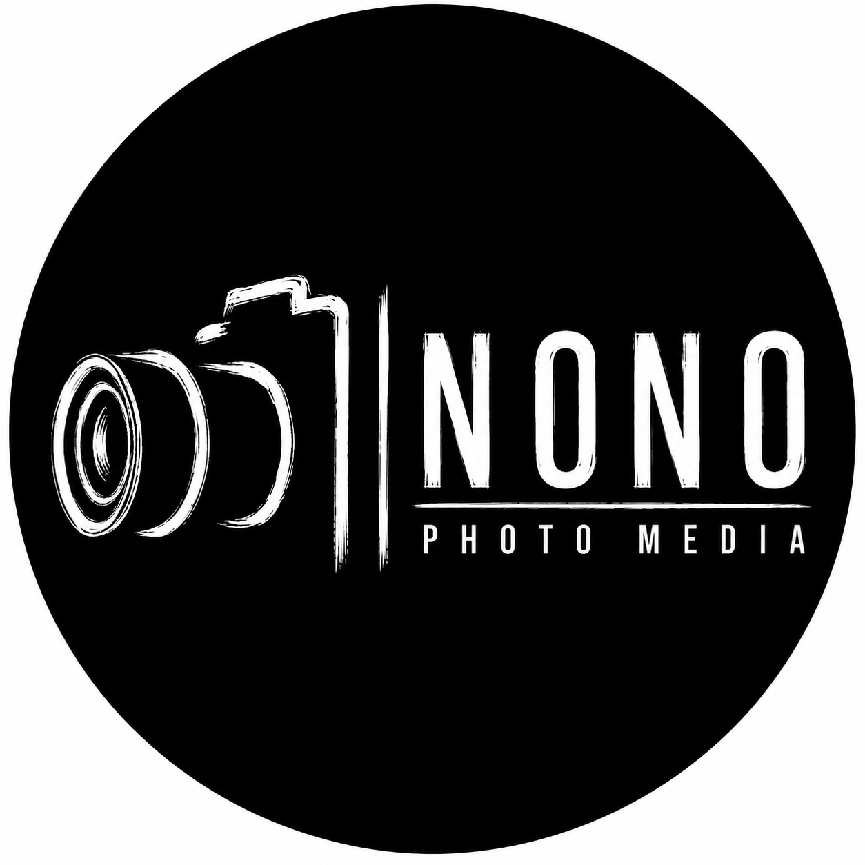 Black circular logo for Nono Photo Media featuring a white camera icon and bold typography on dark background.