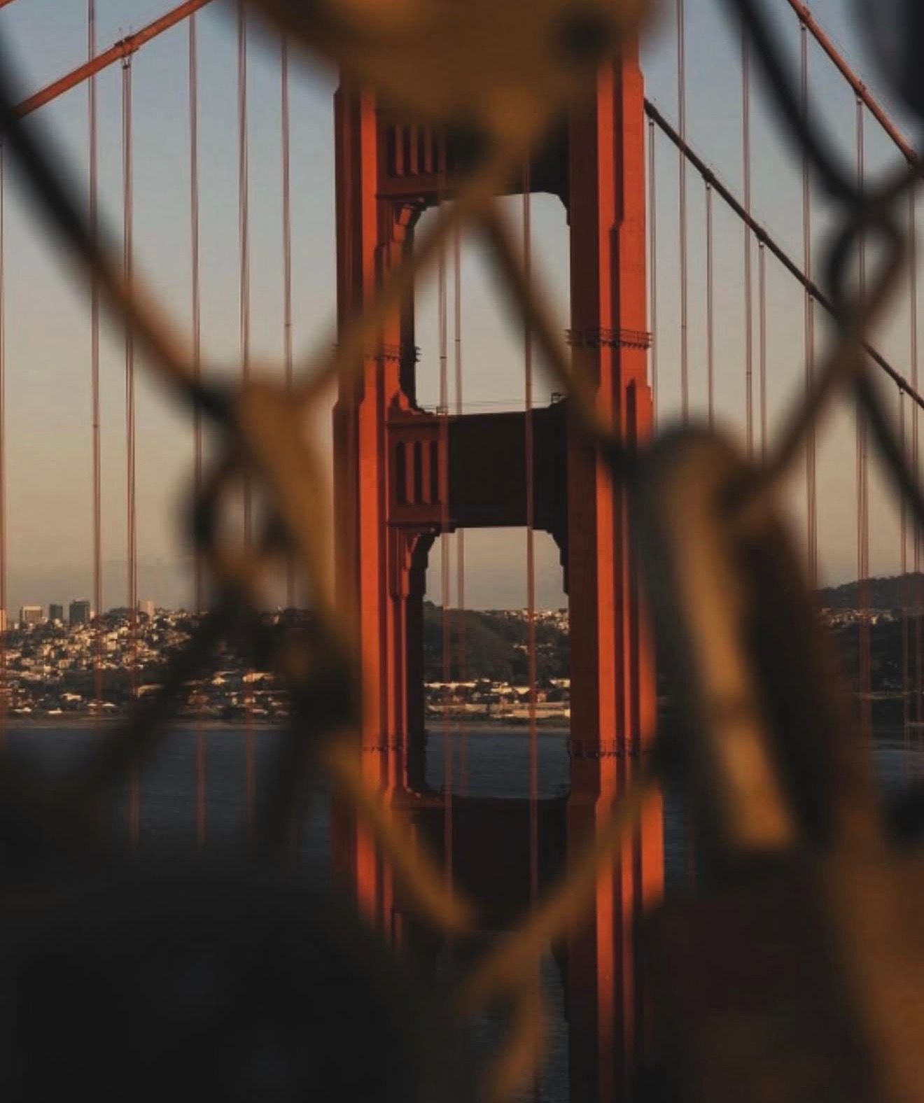 Golden Gate Bridge tower viewed through chain-link fence at dusk, San Francisco bay and cityscape in background.