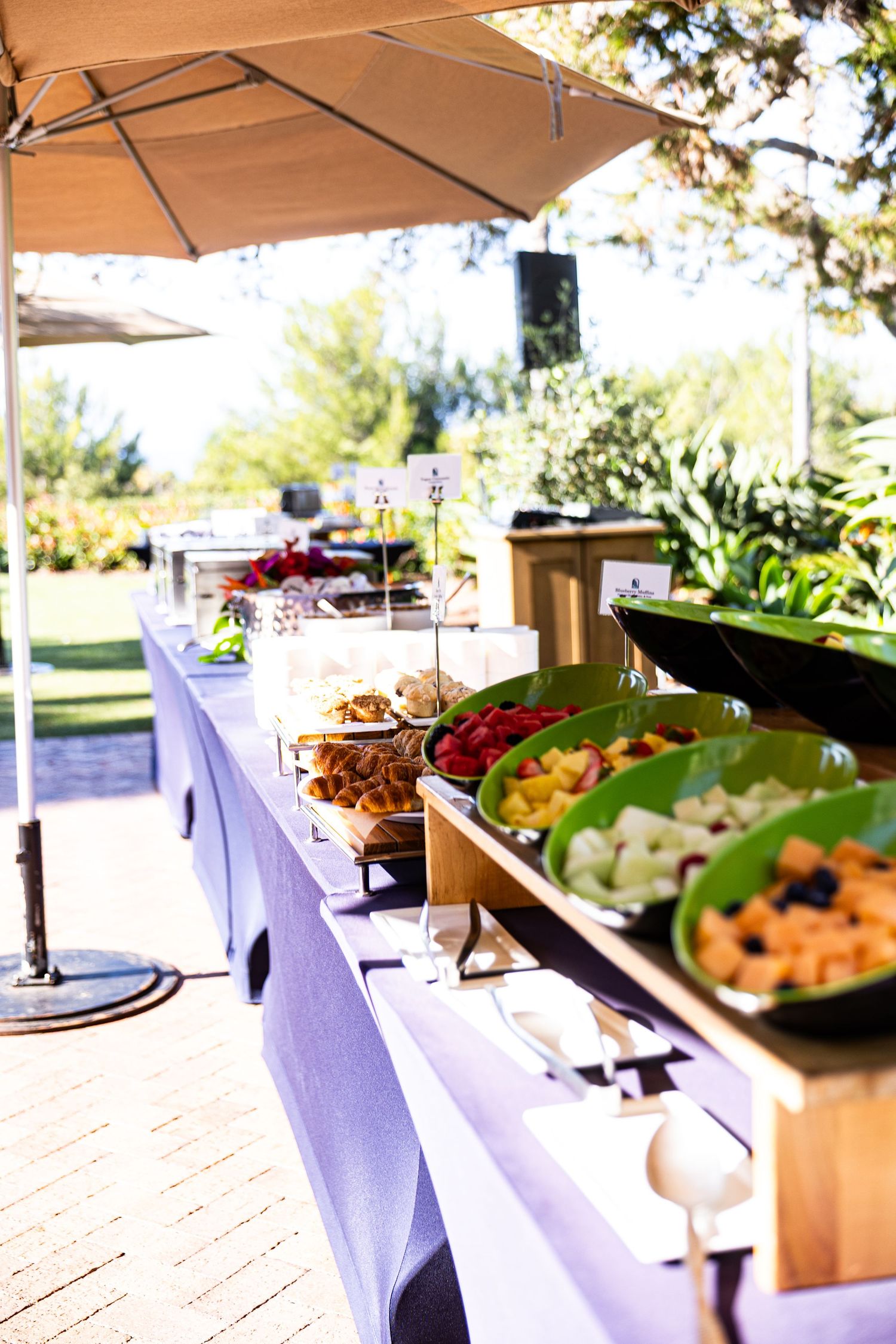 Outdoor buffet table with fresh fruit salads and food displays under a patio umbrella in sunlight.