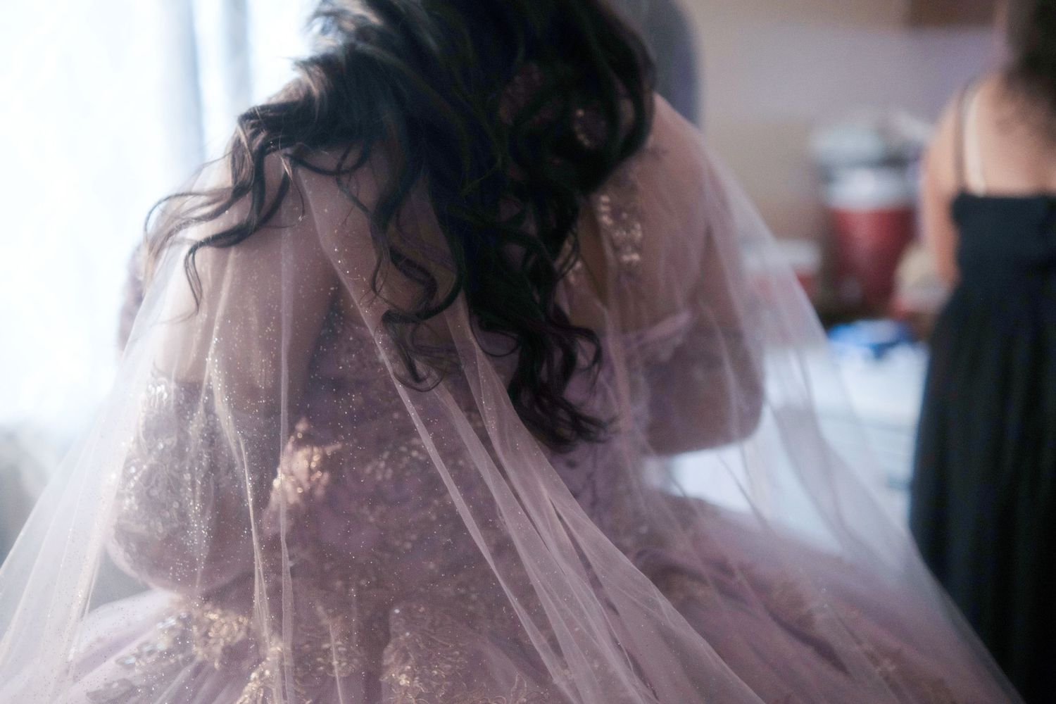 Young woman in ornate lavender quinceañera gown seen from behind with tulle veil.