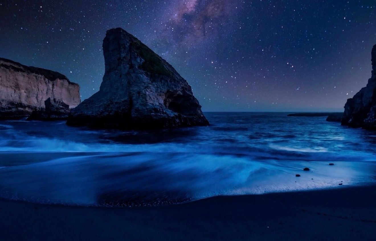Bioluminescent waves glow blue beneath a starry Milky Way sky beside dramatic coastal rock formations at night.