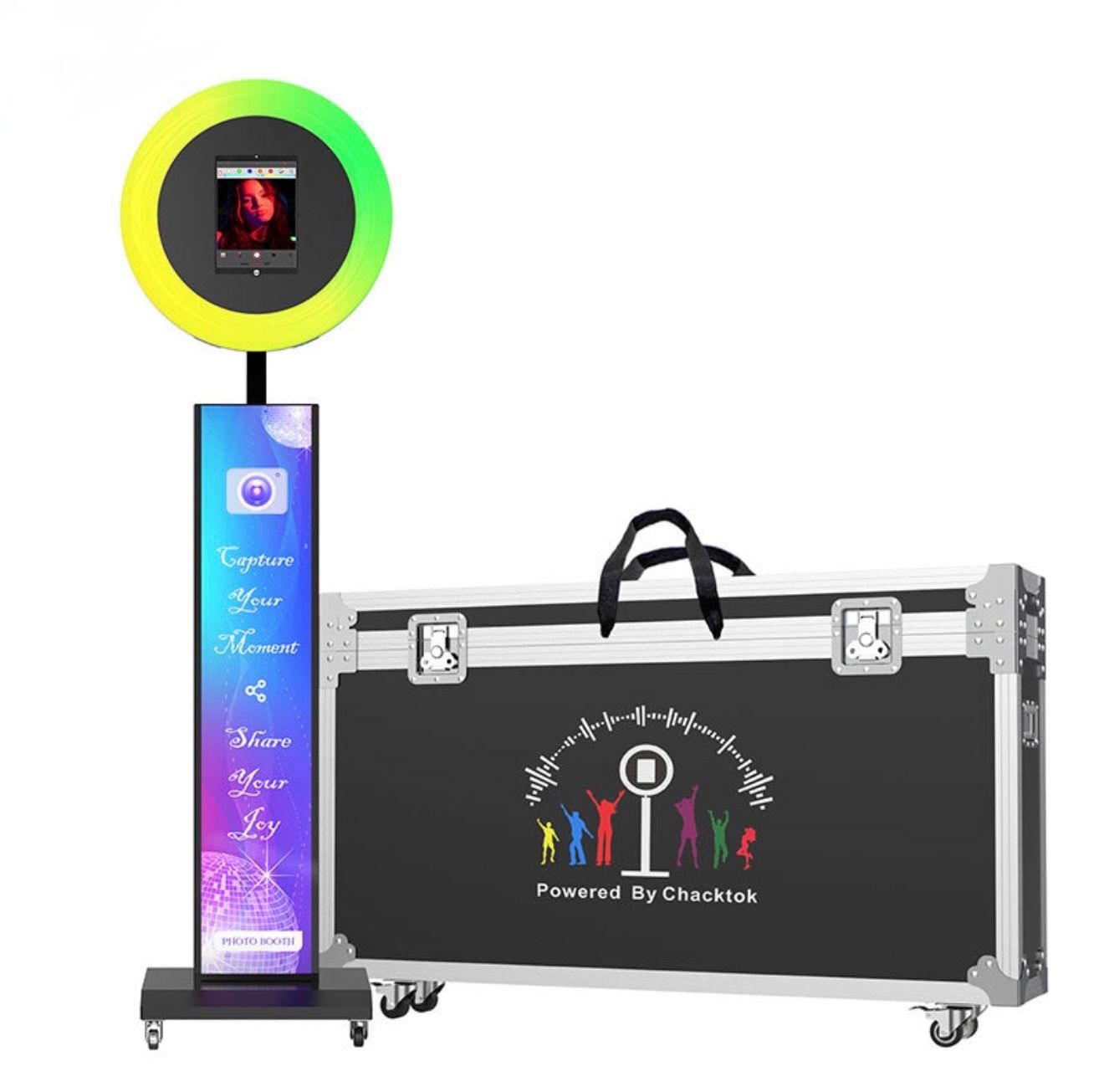Portable photo booth with colorful RGB ring light display and matching travel case on wheels.