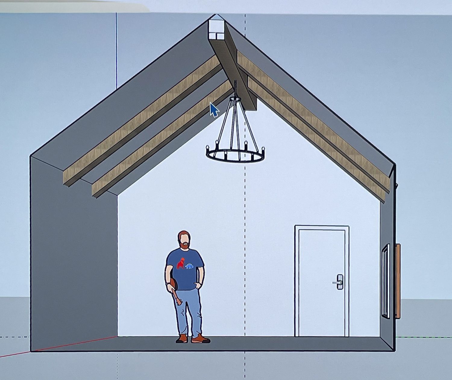 Architectural diagram showing attic space dimensions and layout with human figures for scale.