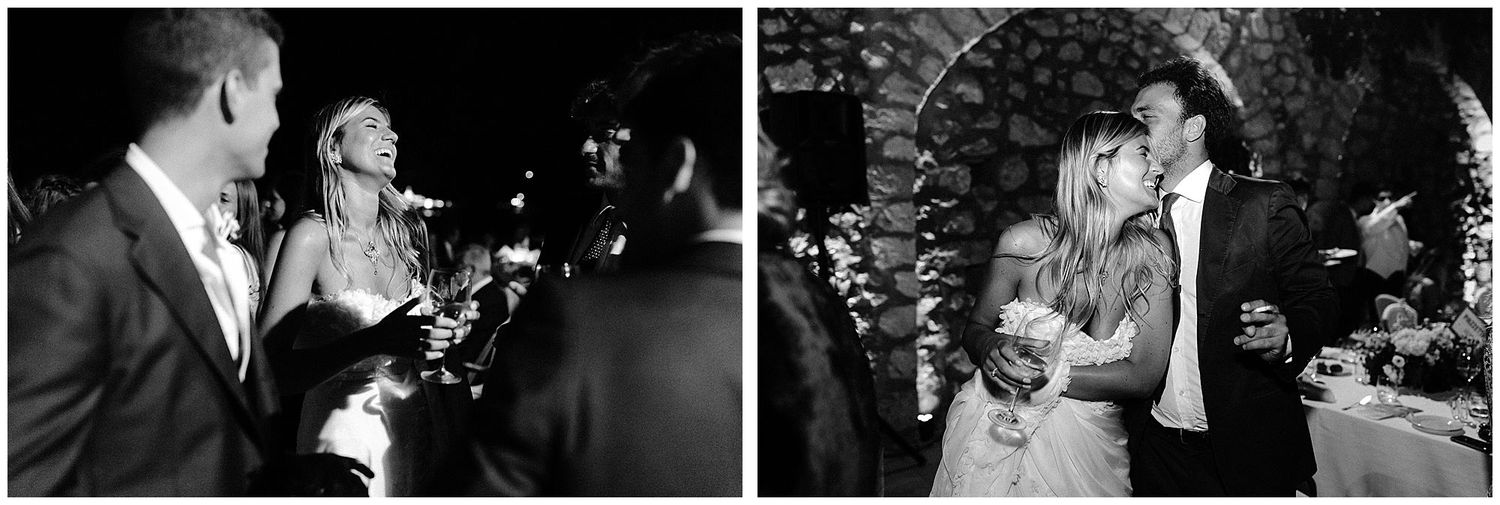 Black and white candid moments from a formal wedding celebration.